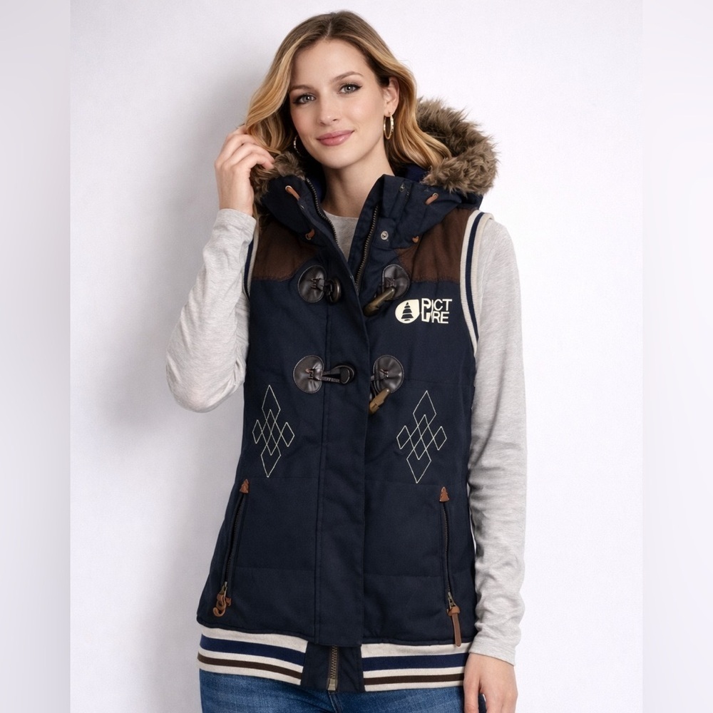 Picture Organic Navy Hooded Vest Faux Fur Trim XS Eco Outdoor
